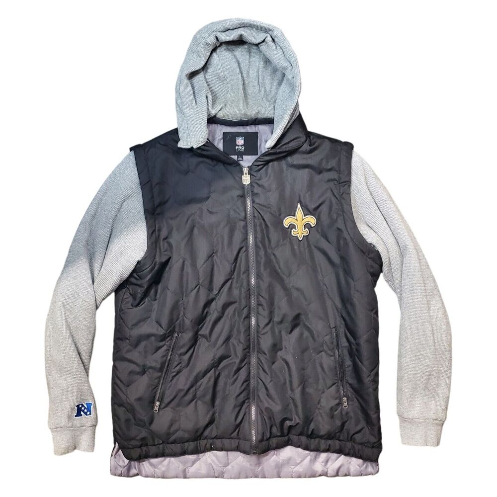 NEW ORLEANS SAINTS Jacket Adult Large Black Gray Hooded Spell Out NFL PRO LINE